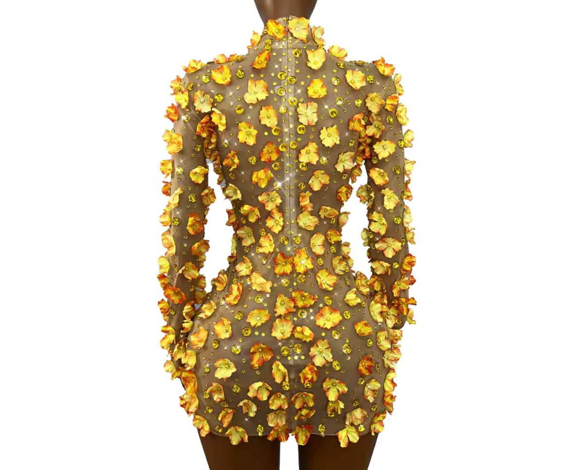 Sexy Full Sleeve Floral Rhinestone Short Dress