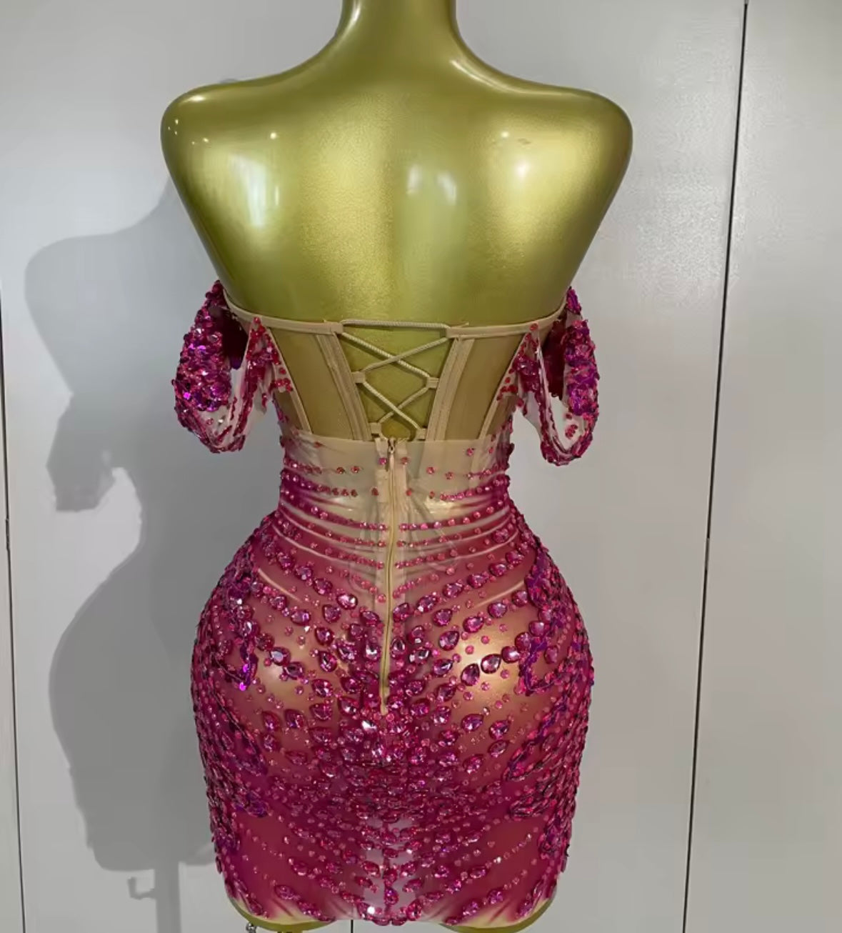 Sexy Pink Off The Shoulder Sequins Rhinestone Dress