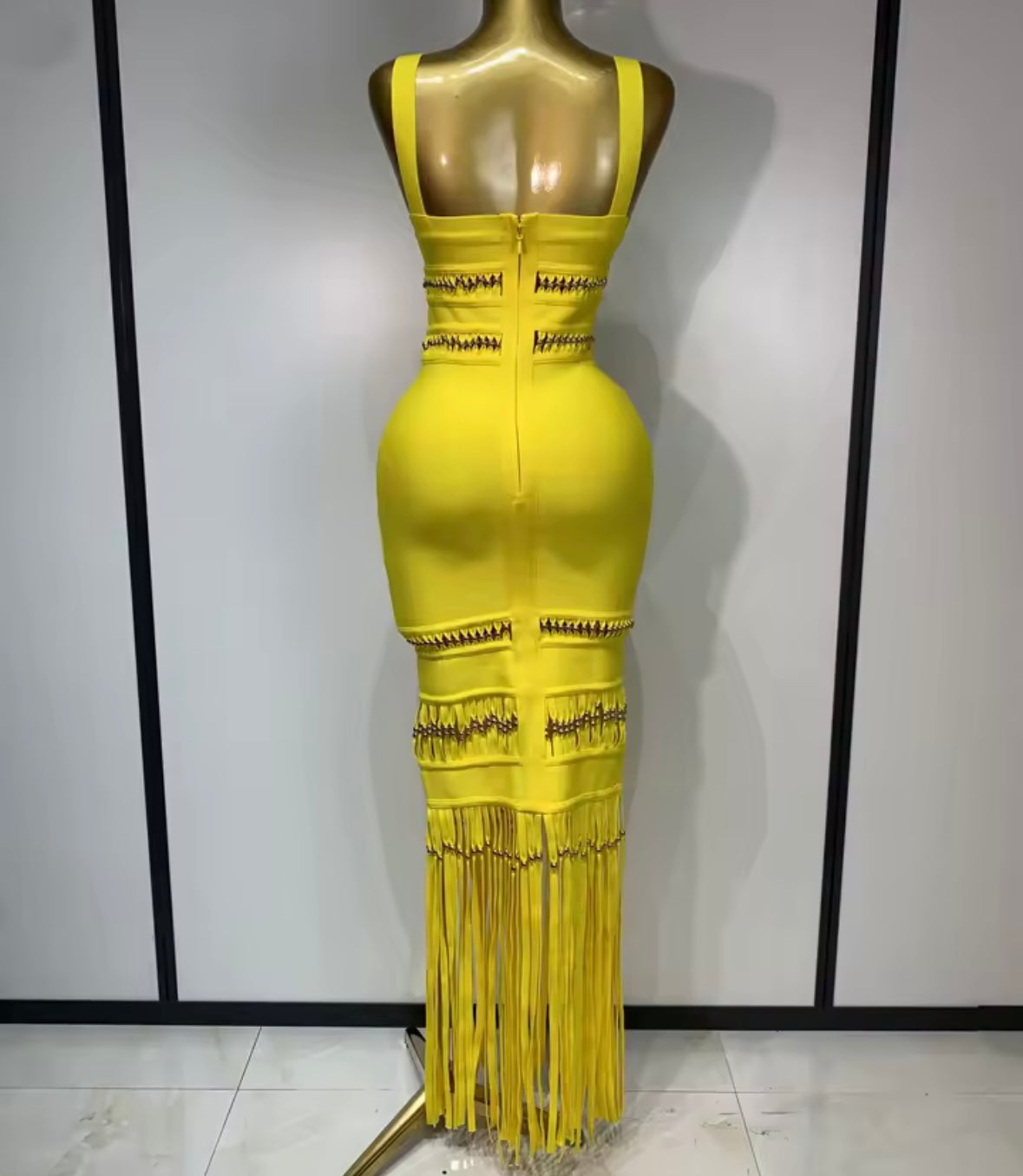Yellow Sleeveless Beaded Fringe Sexy Maxi Dress