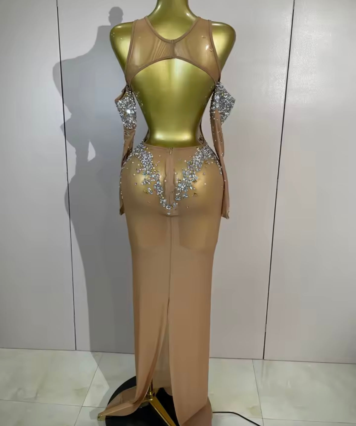 Sexy See Through Rhinestone Embellishment Floor-Length Dress