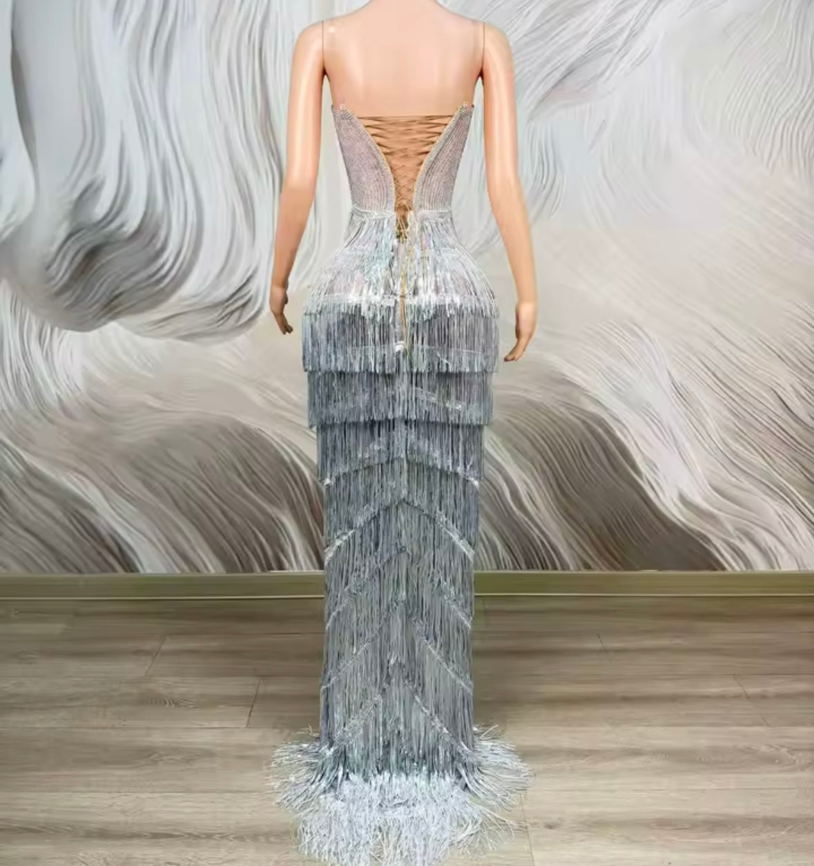 Sexy Sleeveless Silver Rhinestone Fringe Tassel Maxi Dress