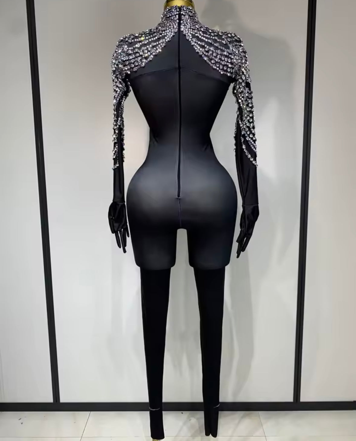 Black Rhinestone Embellishment Full Sleeve Jumpsuit