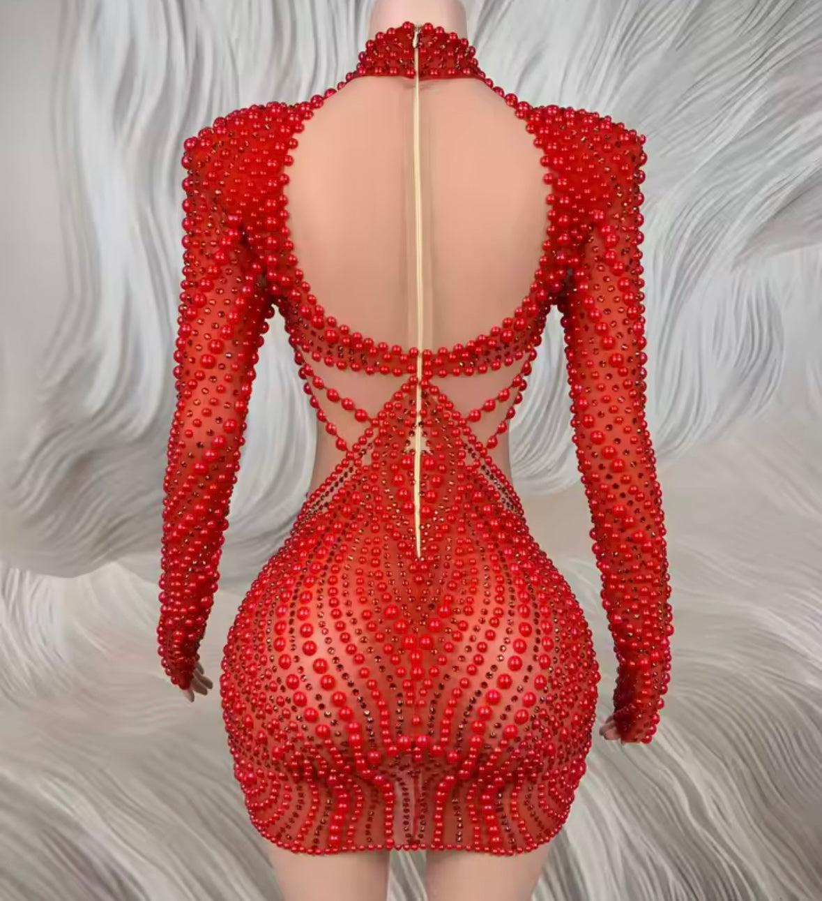 Red Sexy Beaded Rhinestone Full Sleeve Dress