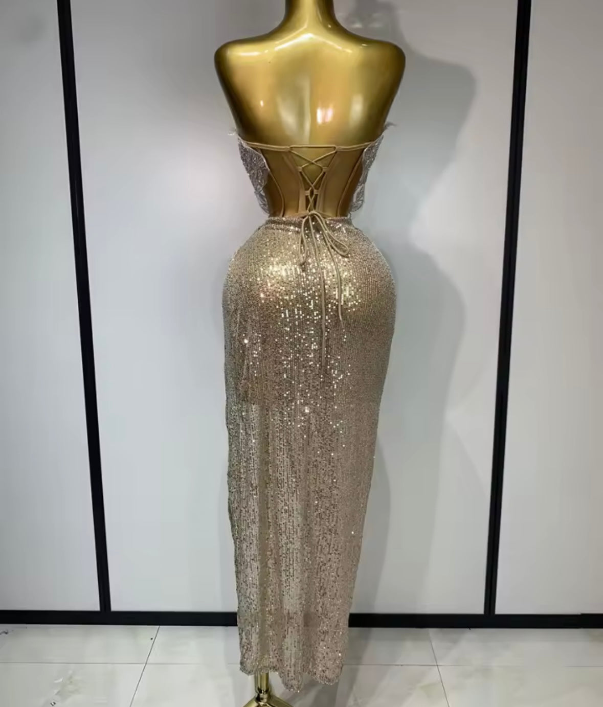 Gold Beaded Strapless Corset Sequins Skirt Set