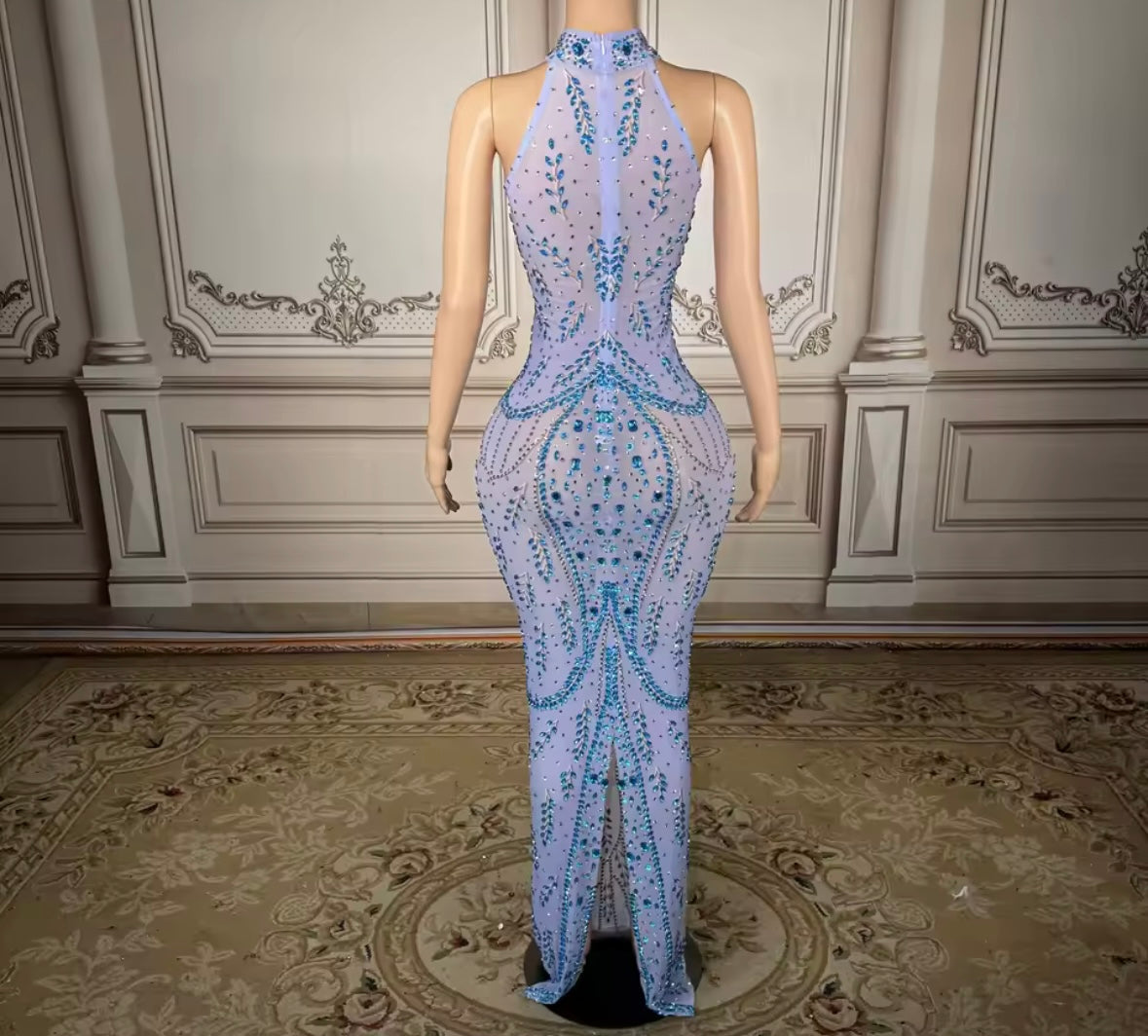 Sexy Blue Sleeveless Rhinestone Embellishment Maxi Dress