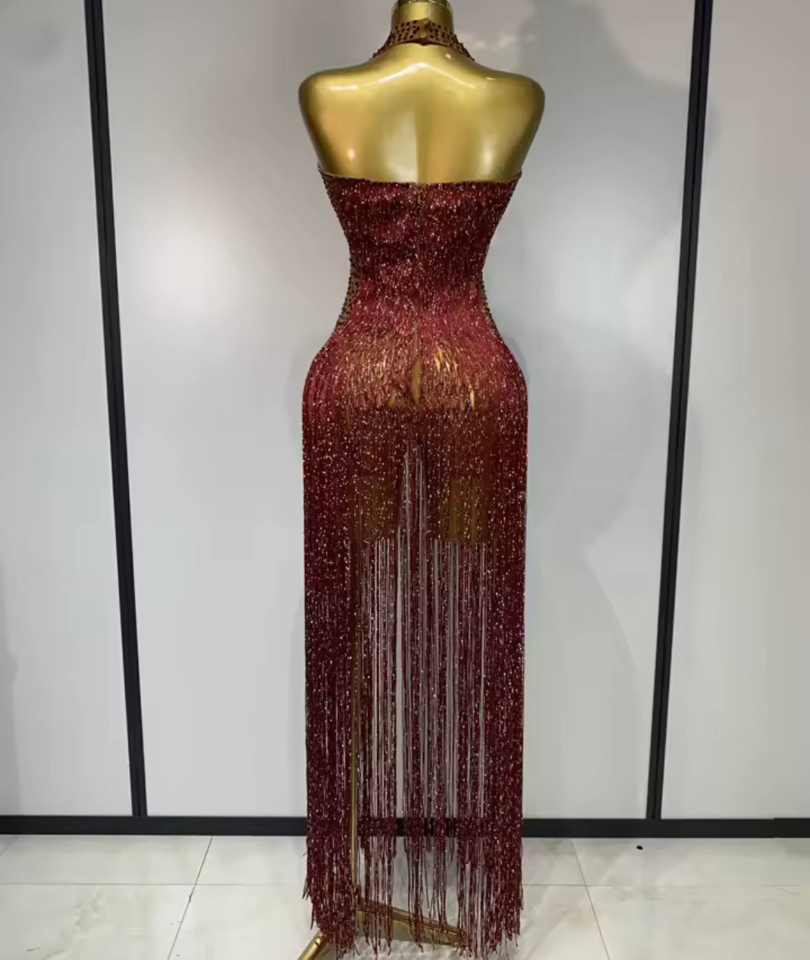 Burgundy Sexy Halter Sleeveless Fringe Tassel Maxi Dress