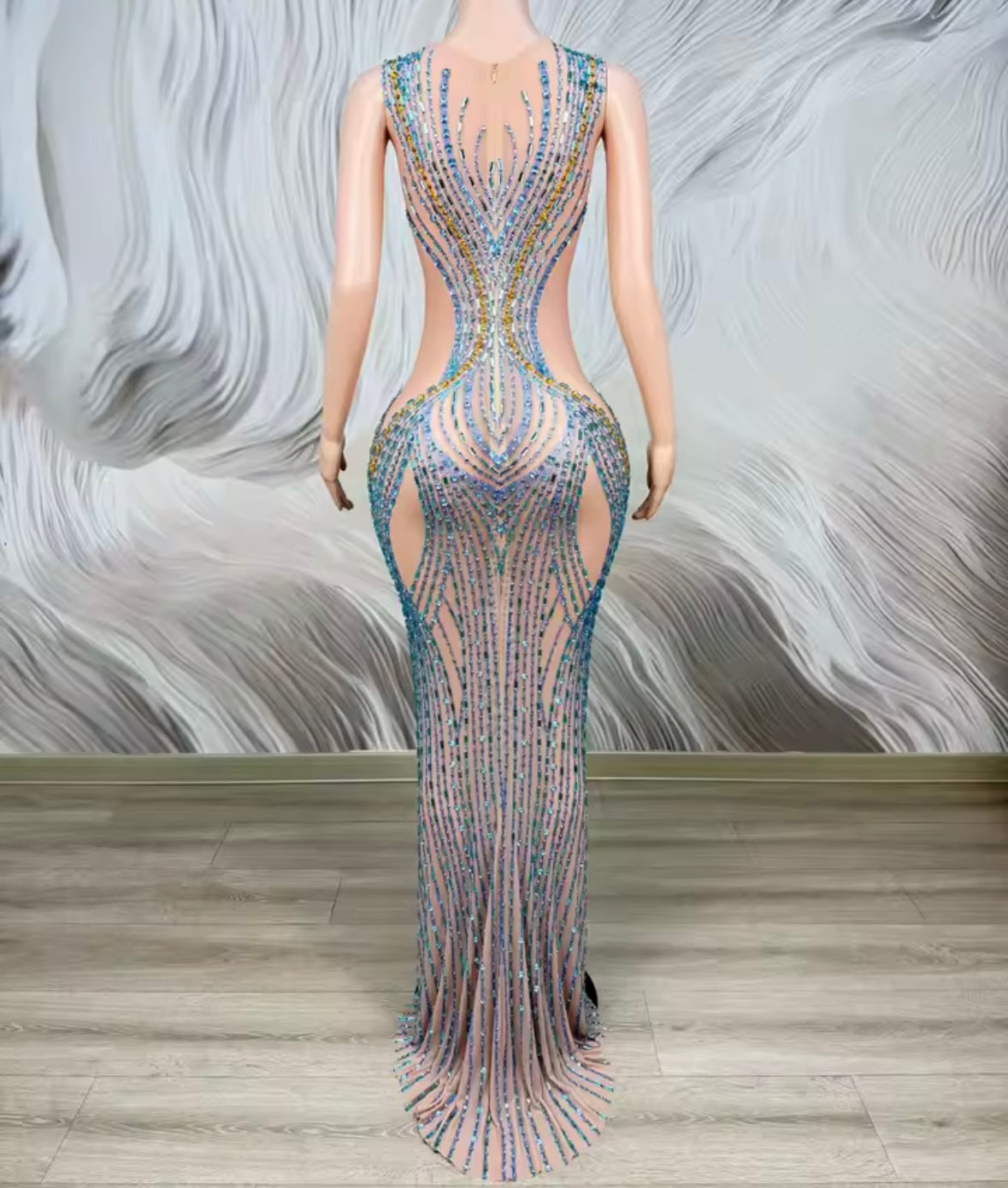 Sexy Sleeveless Color Rhinestone See Through Maxi Dress