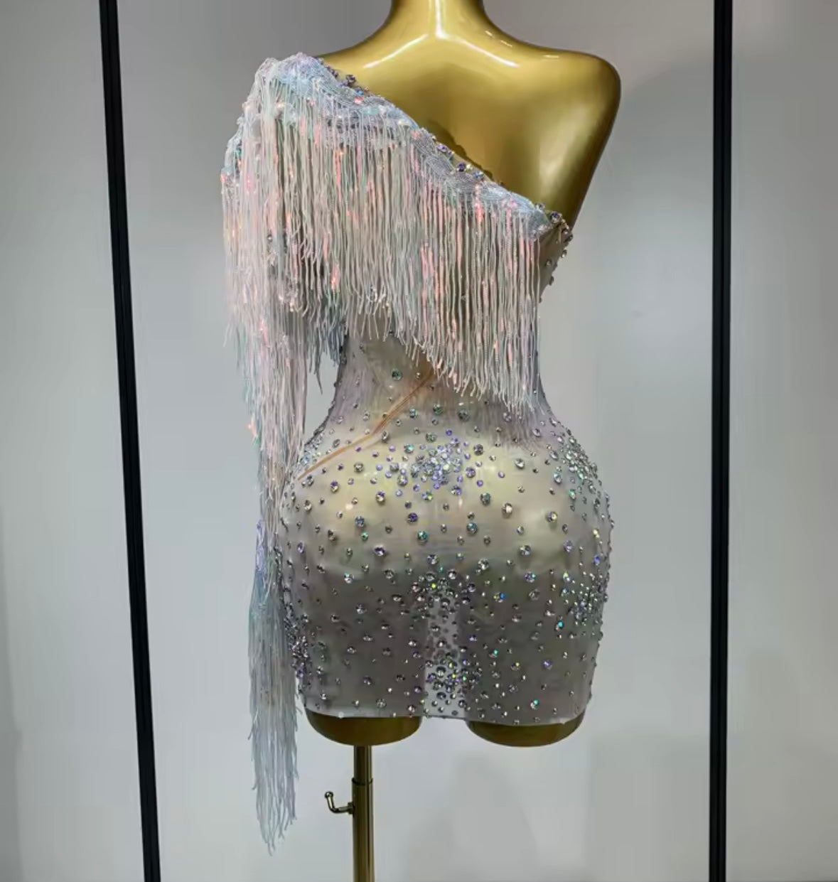 Sexy Silver One Shoulder Fringe Tassel Rhinestone Dress