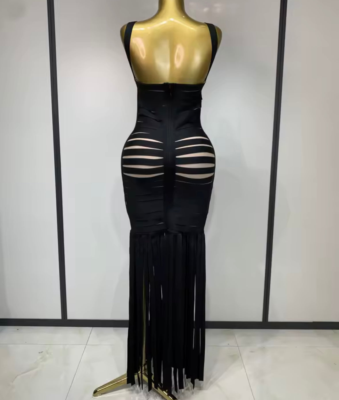 Black Sexy Sleeveless Bandage Tassel Long Dress
