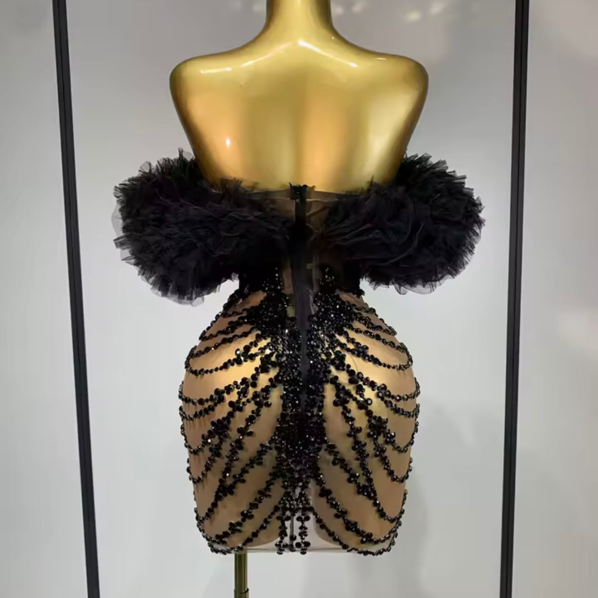 Black Ruffled Strapless Crystal Mesh Sexy Dress