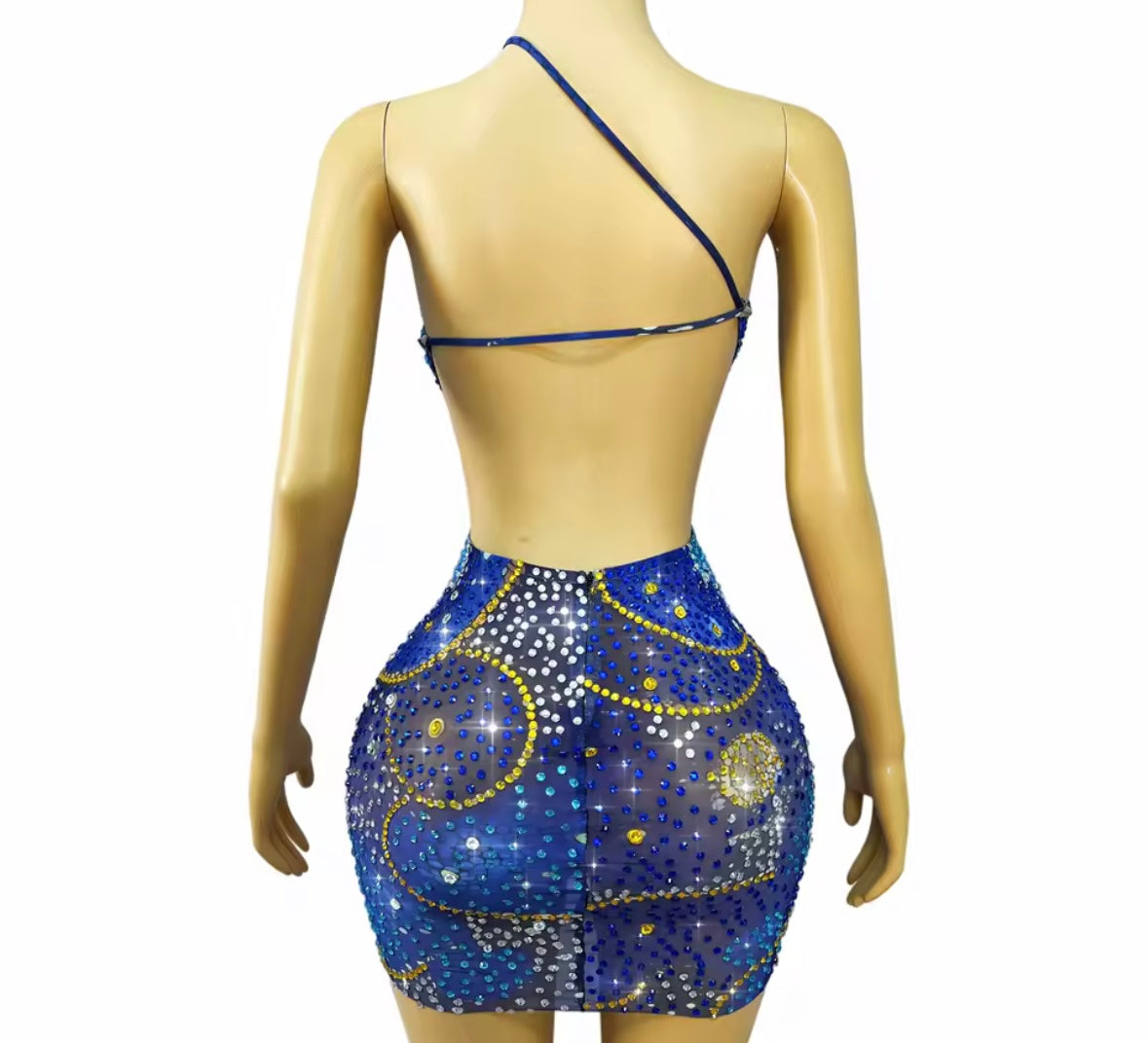Sexy One Shoulder Sleeveless Open Back Rhinestone Dress