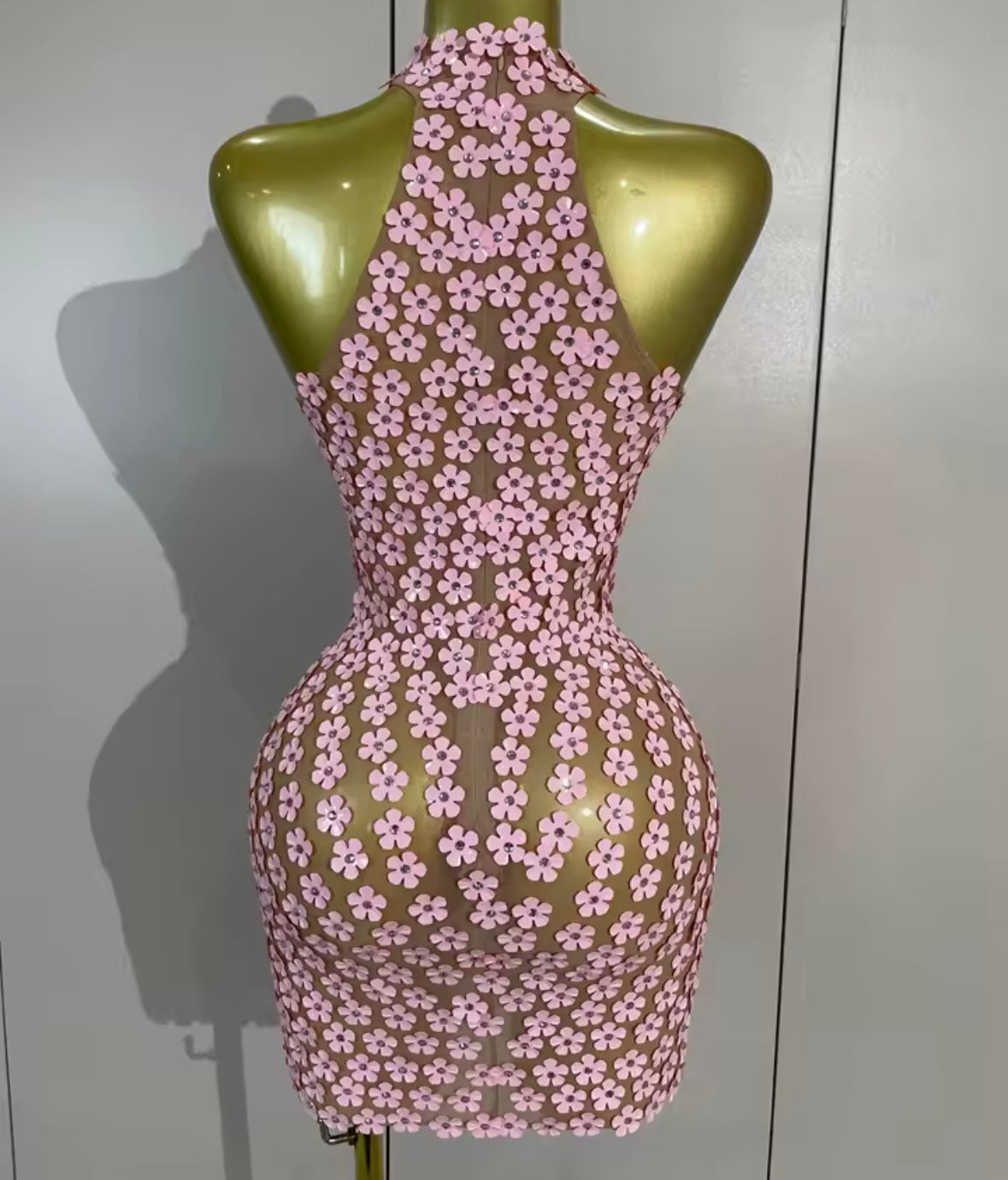 Pink Halter Sleeveless Floral See Through Sexy Dress