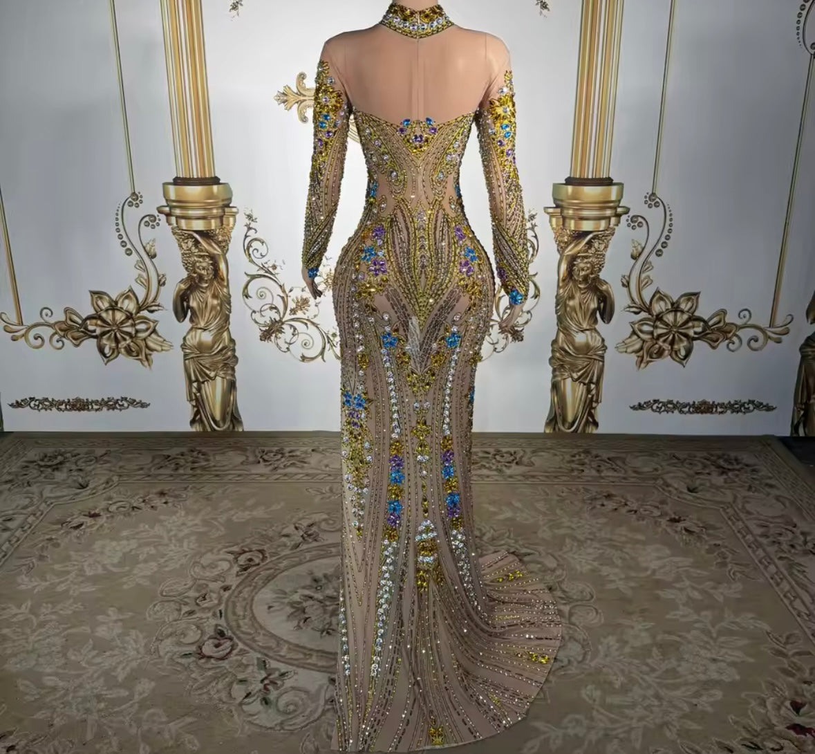 Elegant Multicolor Rhinestone Full Sleeve Floor-Length Dress