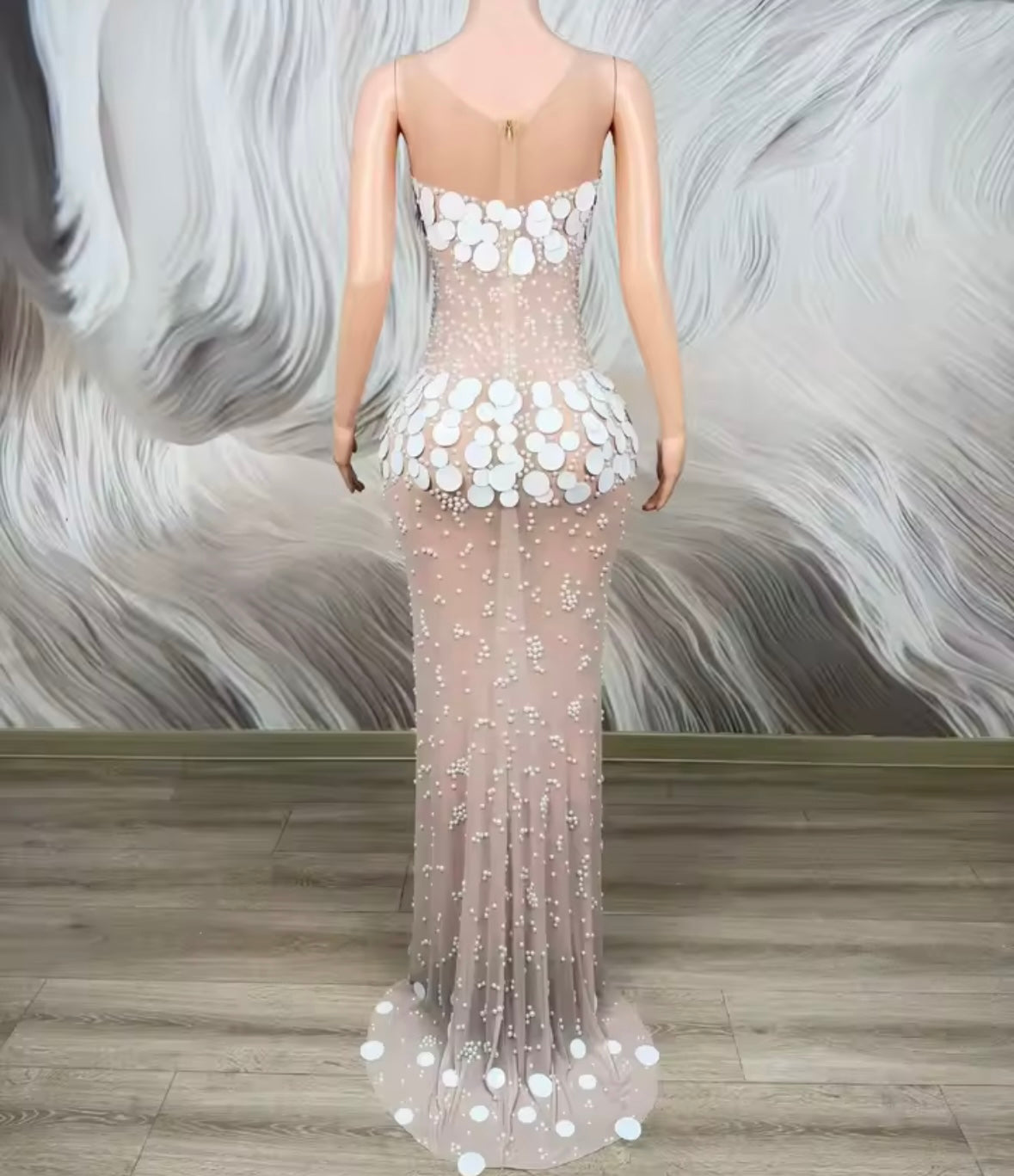 Sexy Sleeveless Sequins Pearl See Through Floor-Length Dress