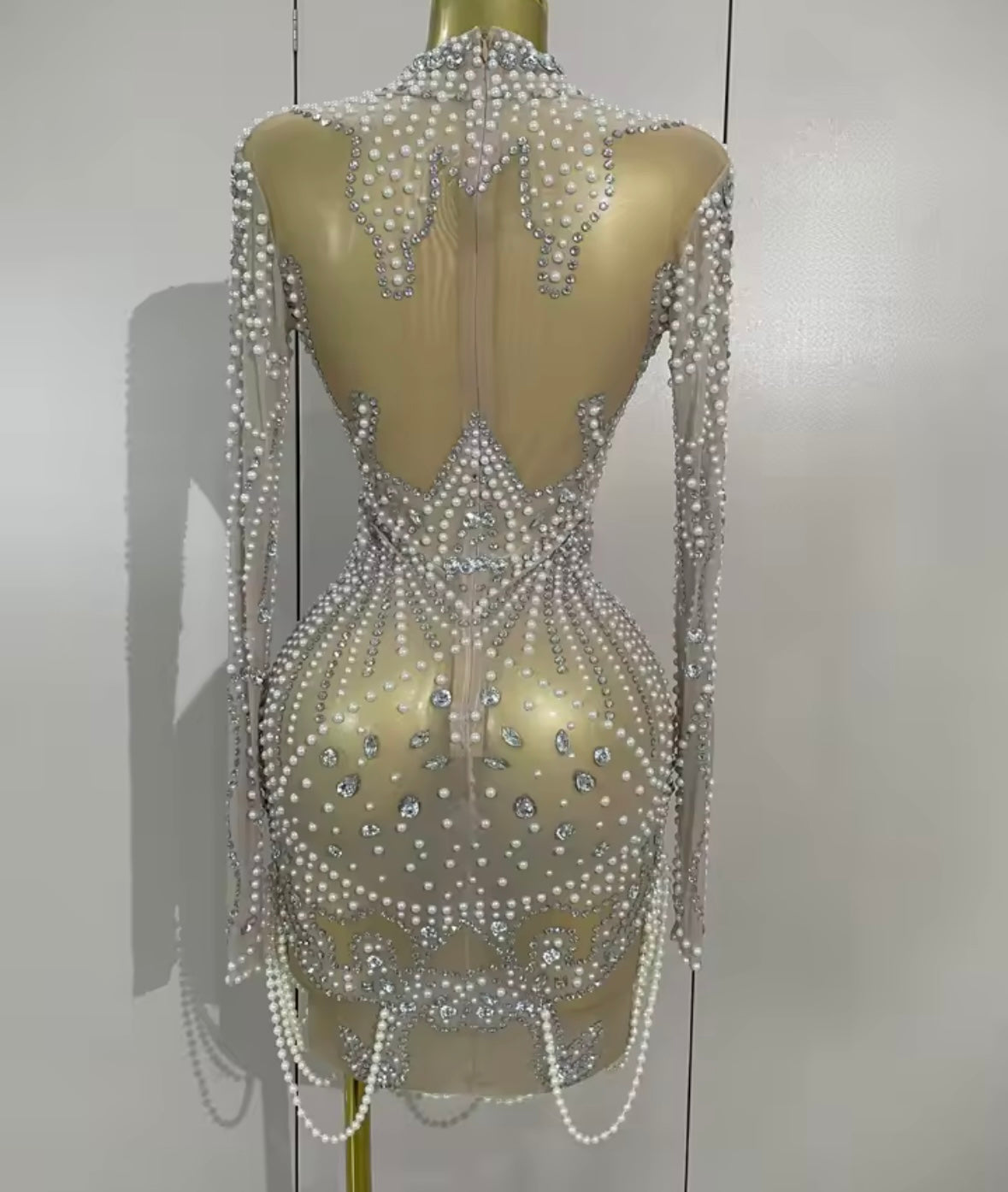 Sexy Pearl Rhinestone See Through Full Sleeve Dress