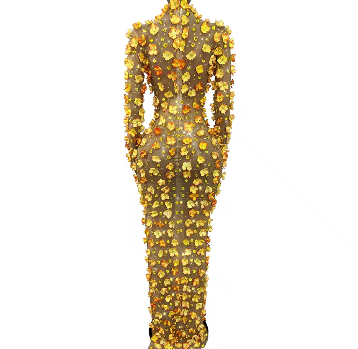 Sexy Full Sleeve Floral Rhinestone Maxi Dress