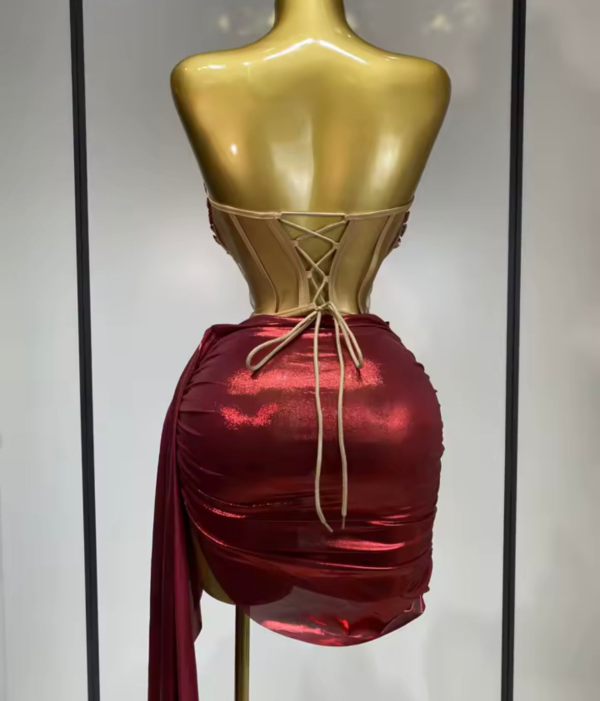 Red Crystal Strapless Mesh Corset Two Piece PU Skirt Set