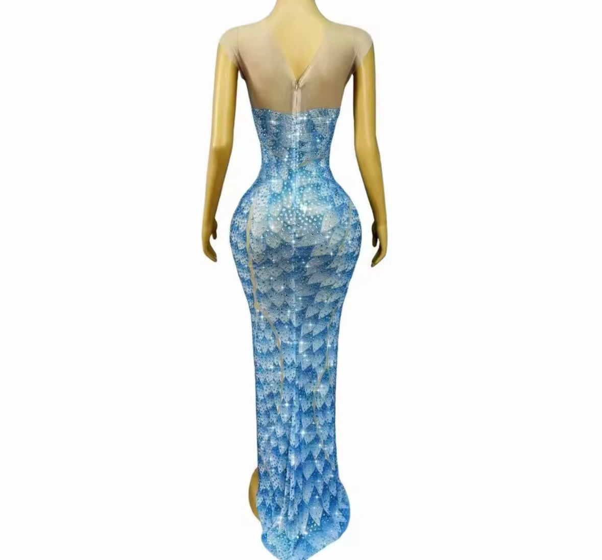 Blue Printed Rhinestone Sexy Side Split Maxi Dress