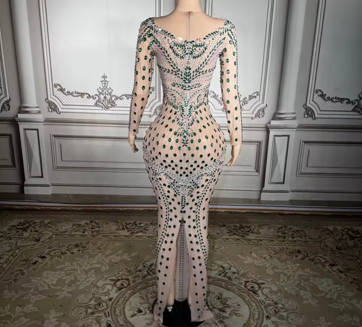 Elegant Rhinestone Embellishment Full Sleeve Floor-Length Dress