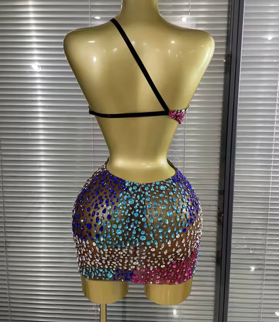 Sexy Sleeveless Open Back Colorful Crystal See Through Dress