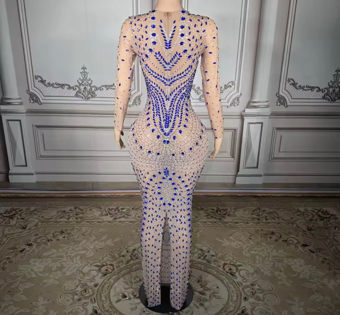 Blue Rhinestone Embellishment See Through Sexy Maxi Dress