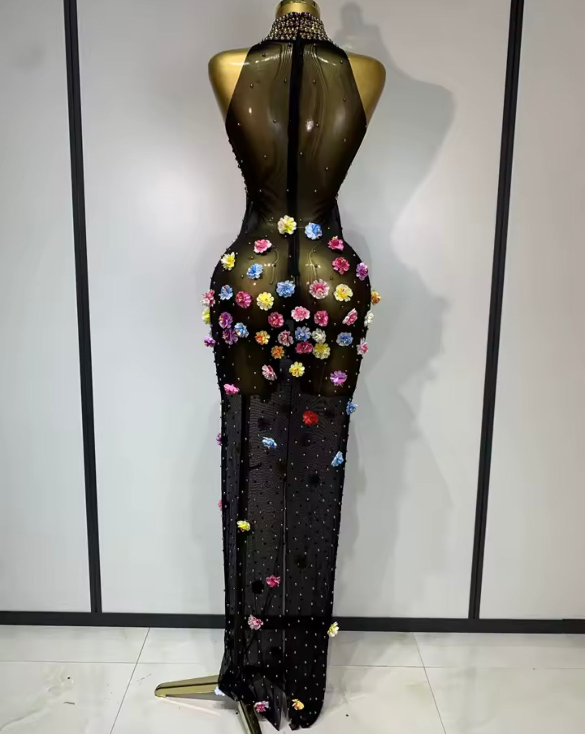 Sleeveless Black Rhinestone Floral Embellishment Maxi Dress