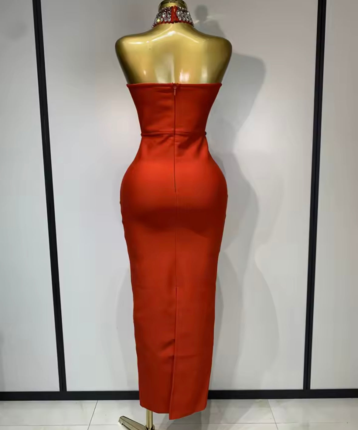 Beaded Rhinestone Choker Strapless Elegant Maxi Dress