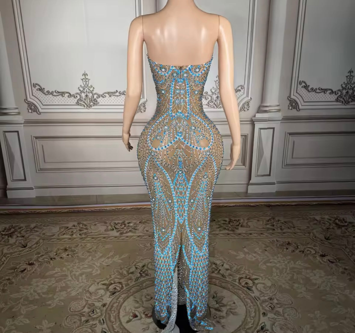 Sexy Strapless Blue Rhinestone See Through Maxi Dress
