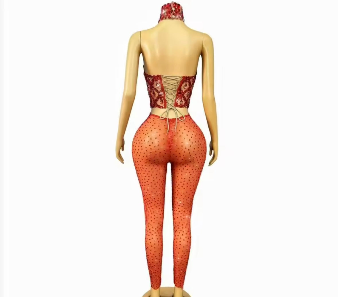 Sexy Halter Sleeveless Crystal See Through Pant Set