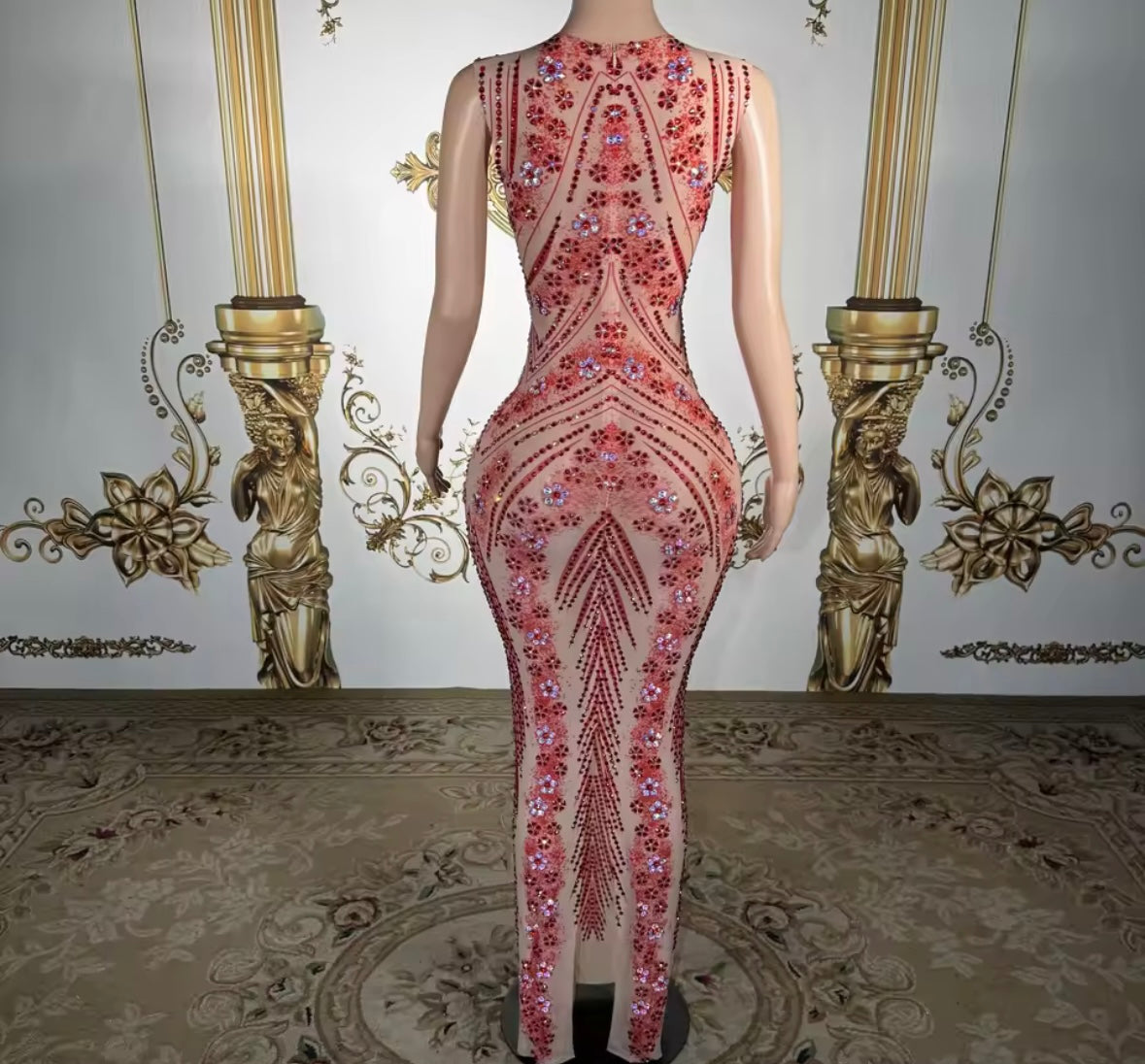 Sexy Sleeveless Floral Rhinestone Embellishment Maxi Dress