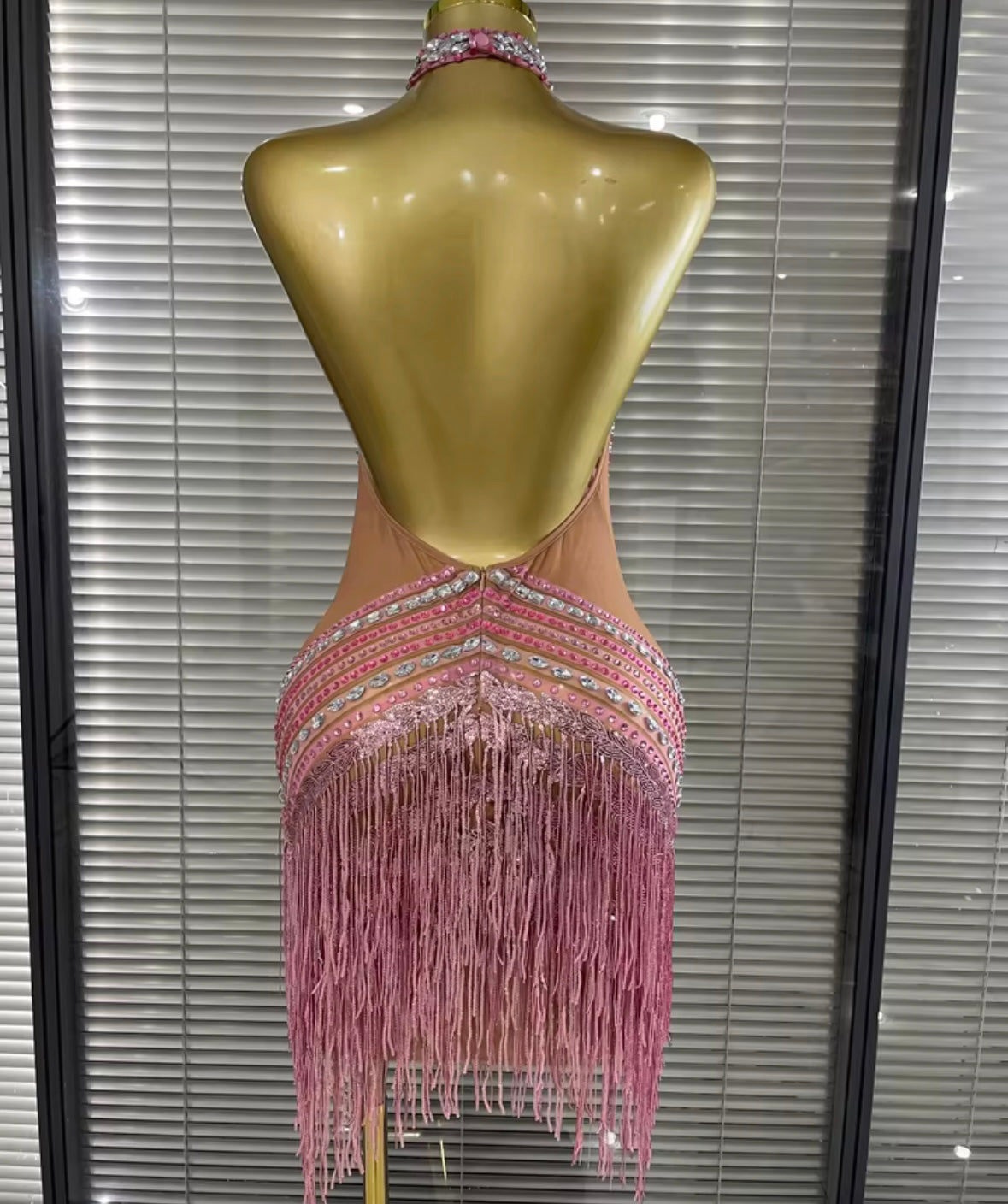 Pink Halter Sleeveless Rhinestone Fringe Tassel Sexy Dress