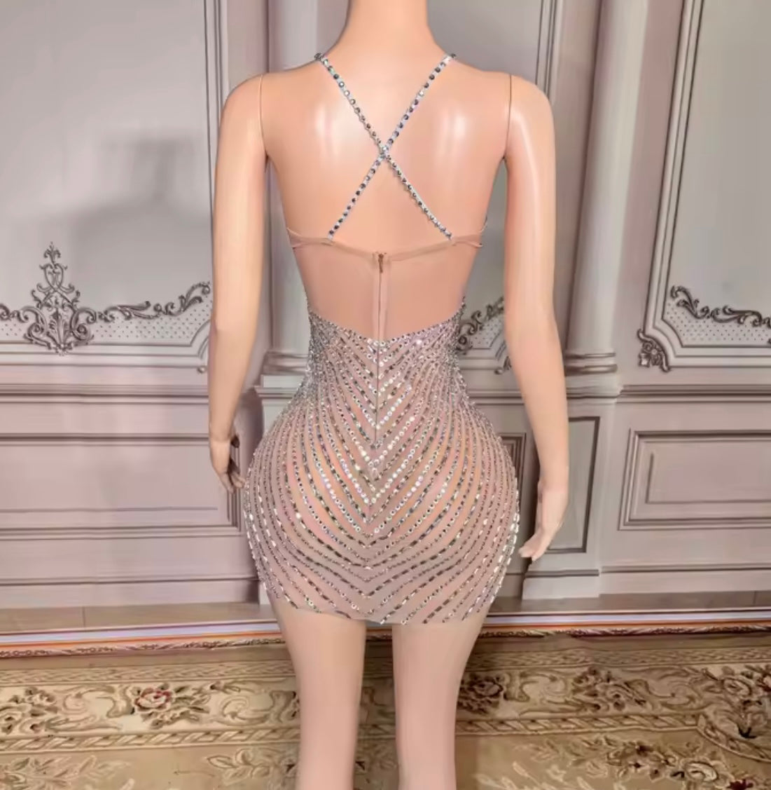 Sexy Multicolored Rhinestone Embellishment Halter Dress