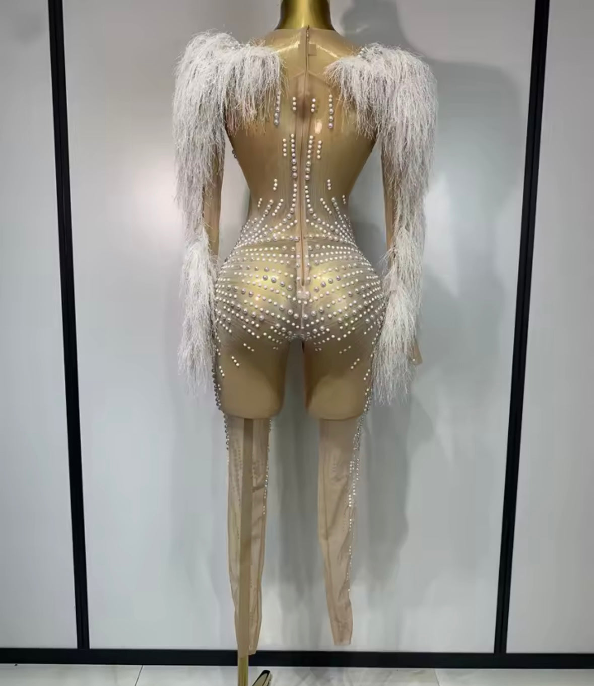 Sexy Pearl Feather Full Sleeve See Through Jumpsuit