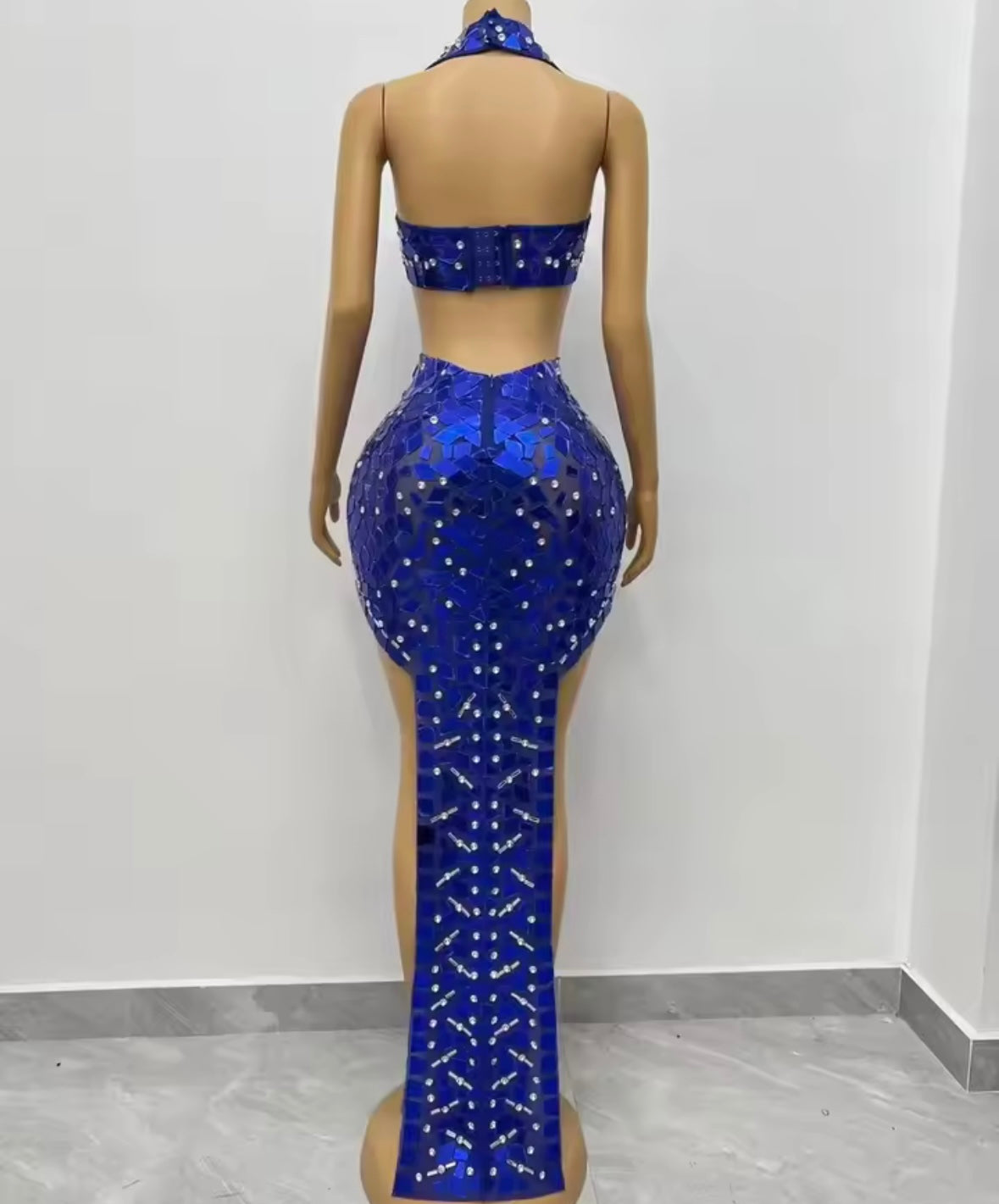 Blue Halter Open Back Sleeveless Mirror Rhinestone Maxi Dress