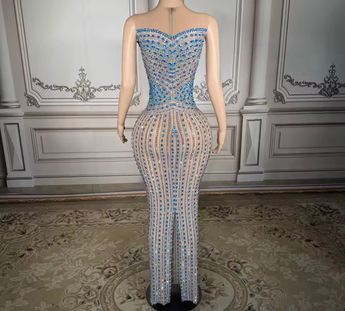 Sexy Sleeveless Blue Rhinestone Embellishment Maxi Dress