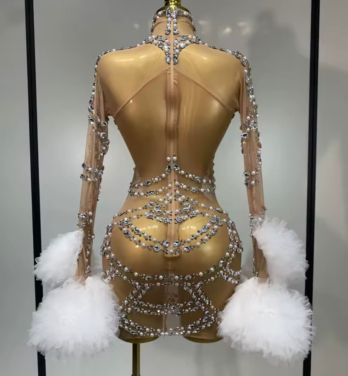 Sexy Pearl Rhinestone Ruffle Full Sleeve Short Dress
