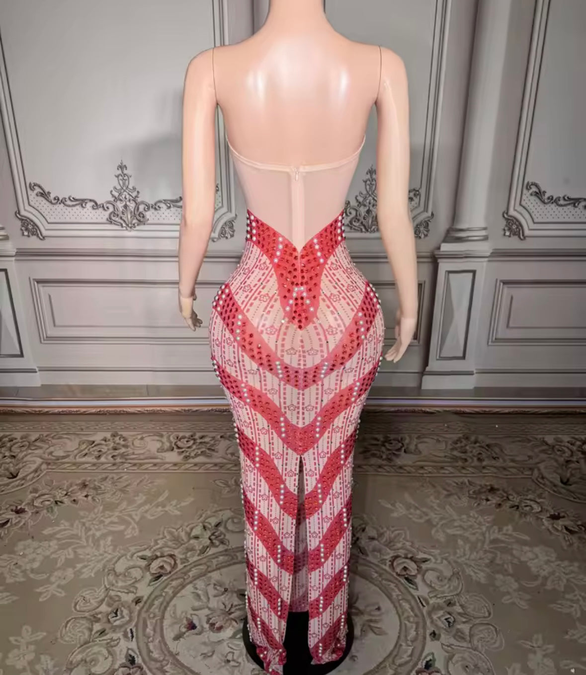 Sexy Strapless See Through Rhinestone Maxi Dress
