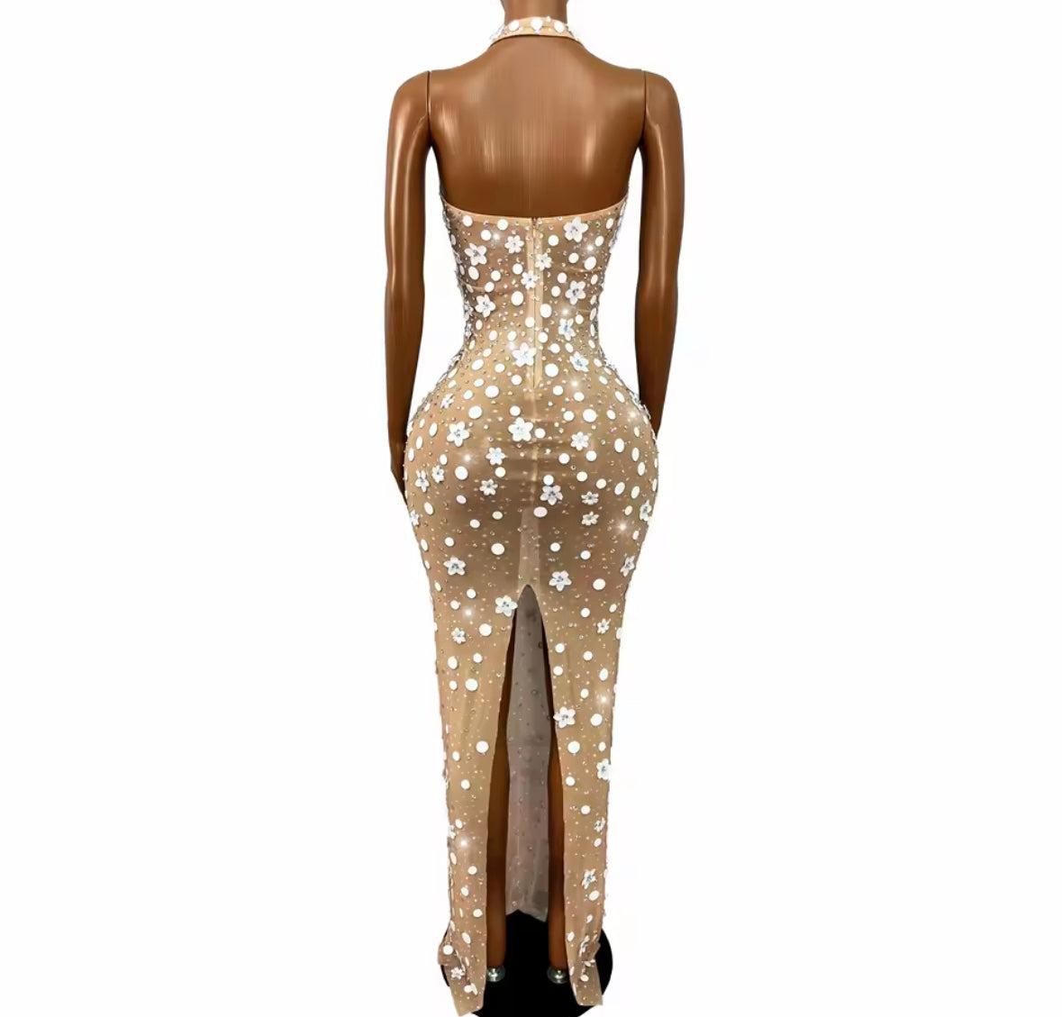 Sexy Halter Sleeveless Floral Rhinestone See Through Maxi Dress