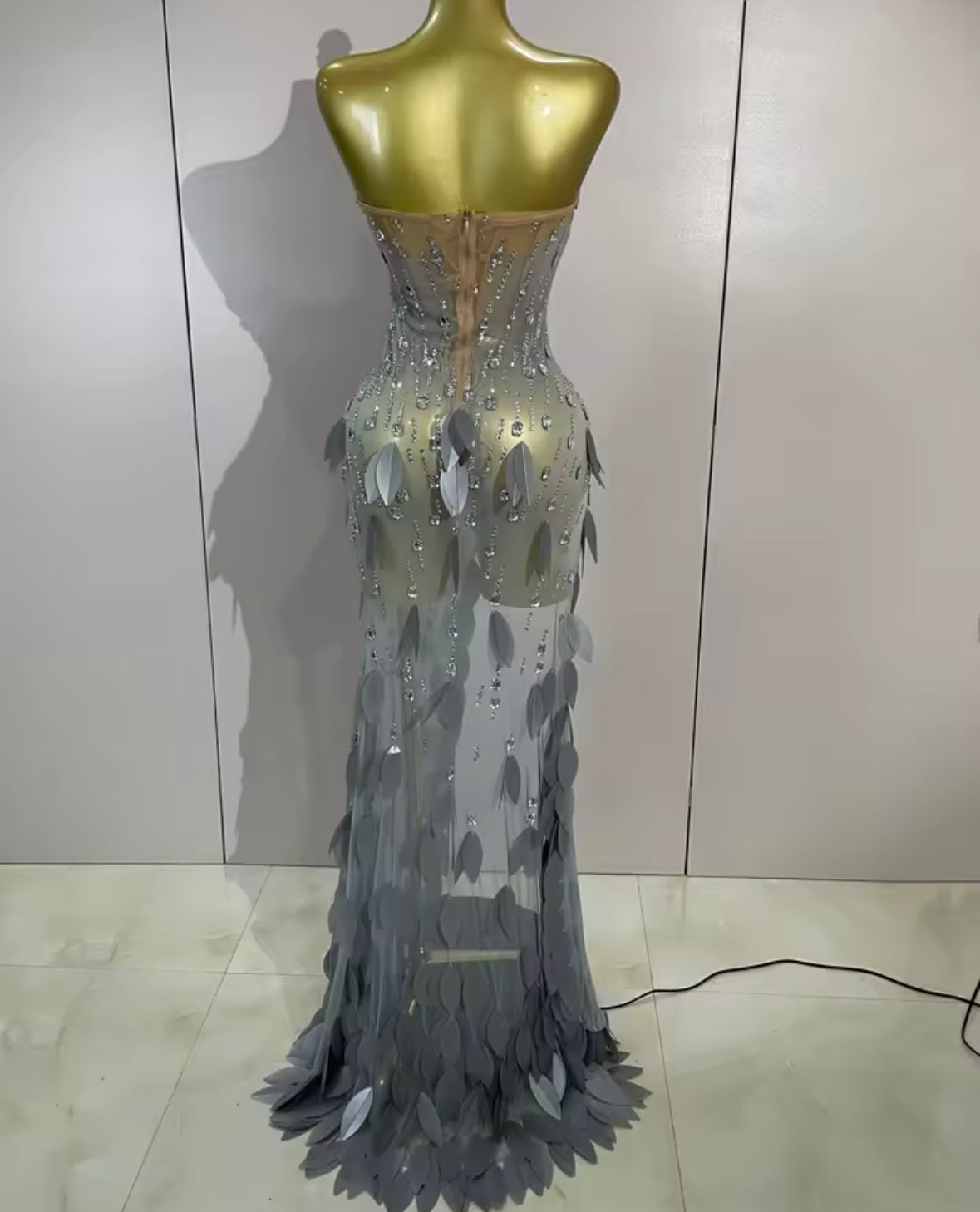 Silver Strapless Rhinestone Sequins Side Split Maxi Dress