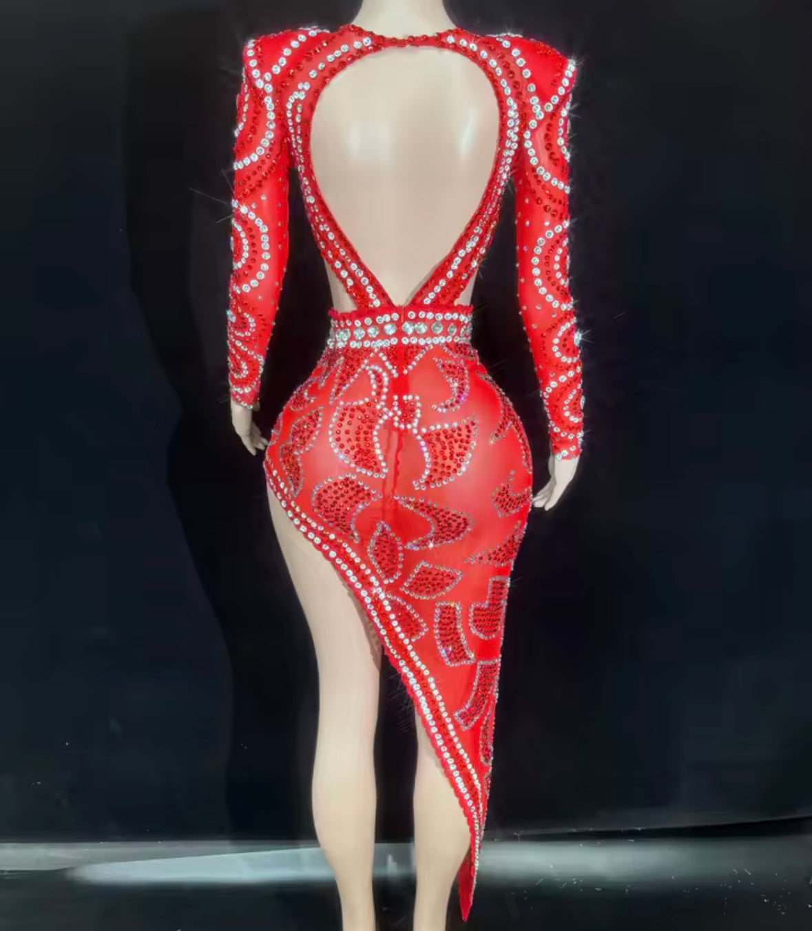 Sexy Red Rhinestone Hollow Out Full Sleeve Asymmetrical Dress