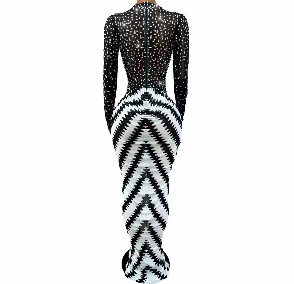 Sexy Rhinestone Full Sleeve Pleated Front Split Maxi Dress
