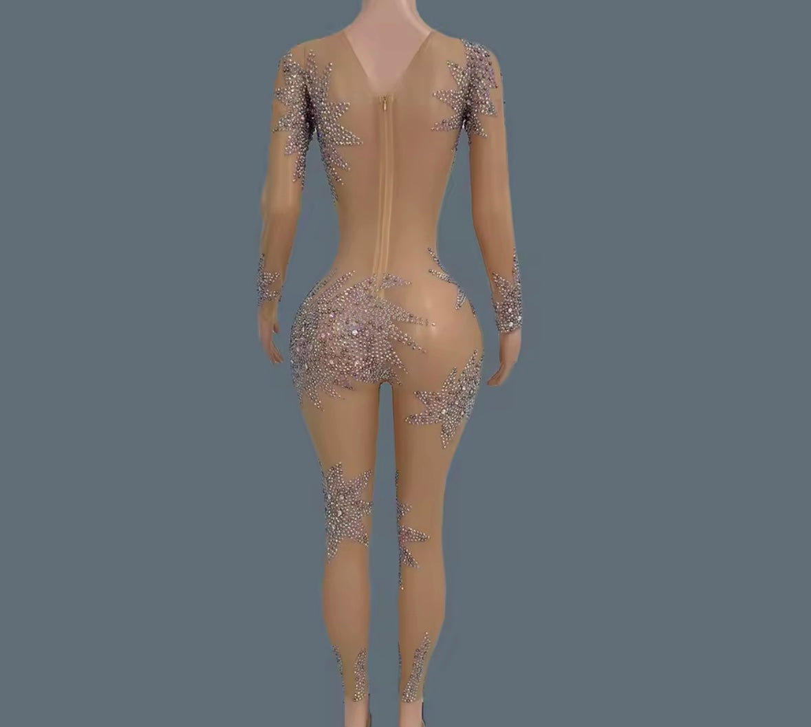 Sexy Rhinestone Embellishment Full Sleeve See Through Jumpsuit