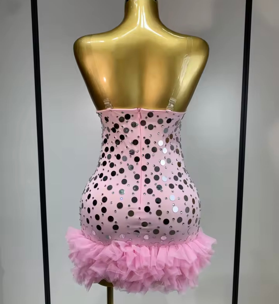 Sexy Pink Sleeveless Sequins Ruffle Dress