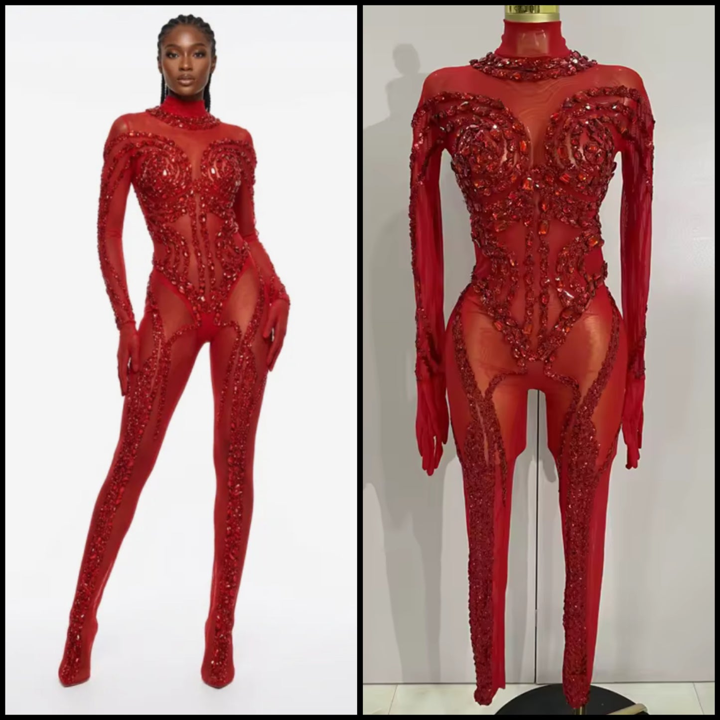 Sexy Beaded Crystal Full Sleeve See Through Jumpsuit