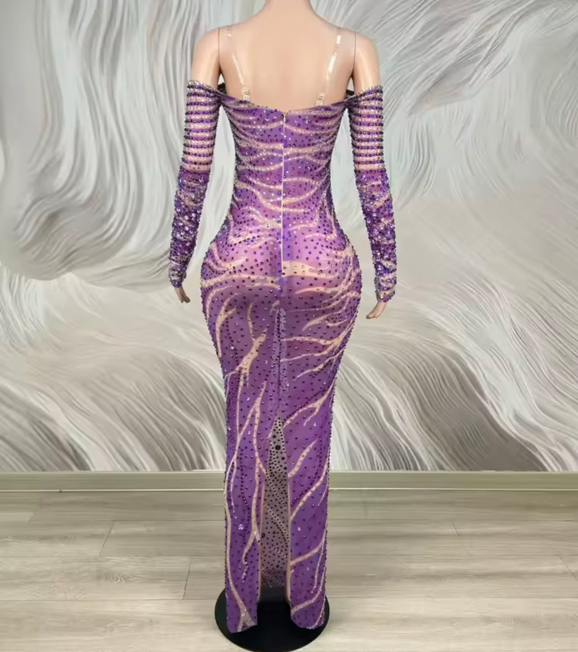 Purple Sexy Off The Shoulder See Through Rhinestone Maxi Dress