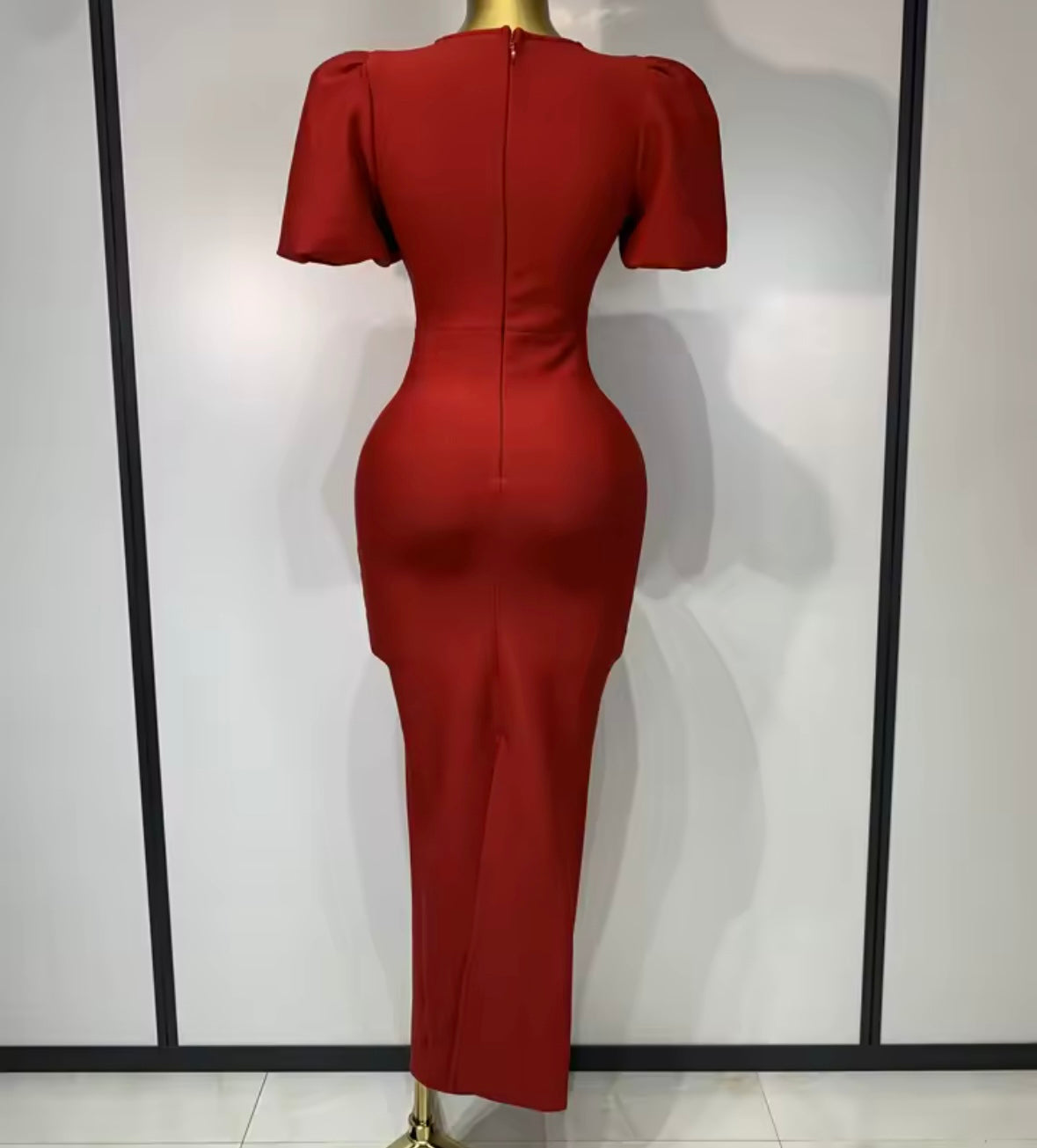 Elegant Red Rhinestone Bow Short Sleeve Maxi Dress