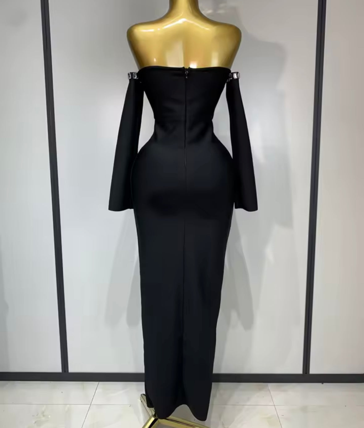 Black Strapless Rhinestone Full Sleeve Front Split Elegant Dress