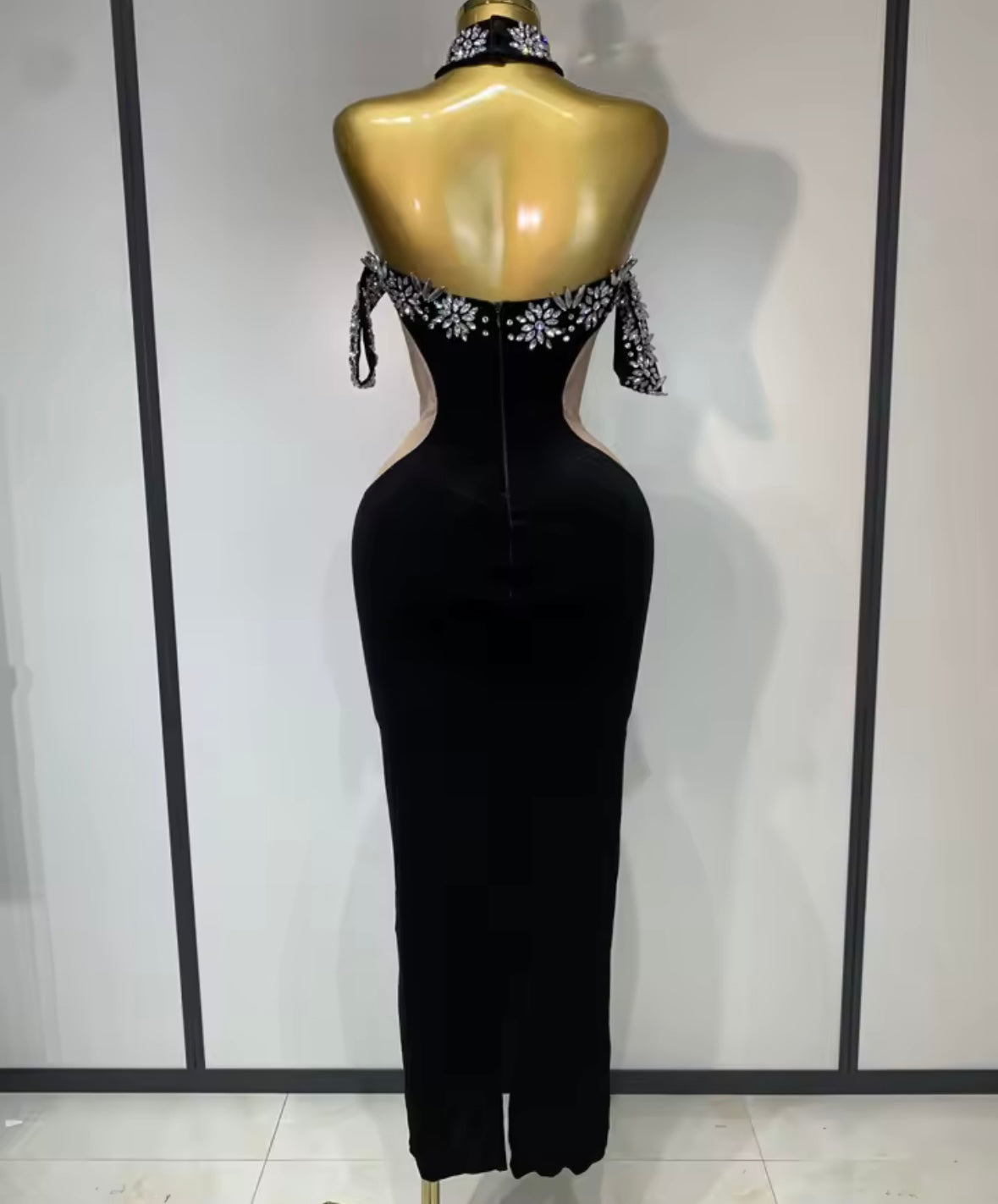 Elegant Black Floral Rhinestone Halter Maxi Dress