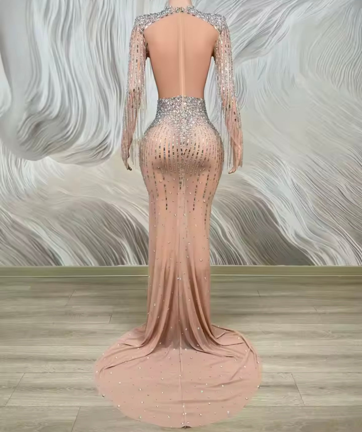 Sexy Rhinestone Tassel Full Sleeve Mermaid Dress