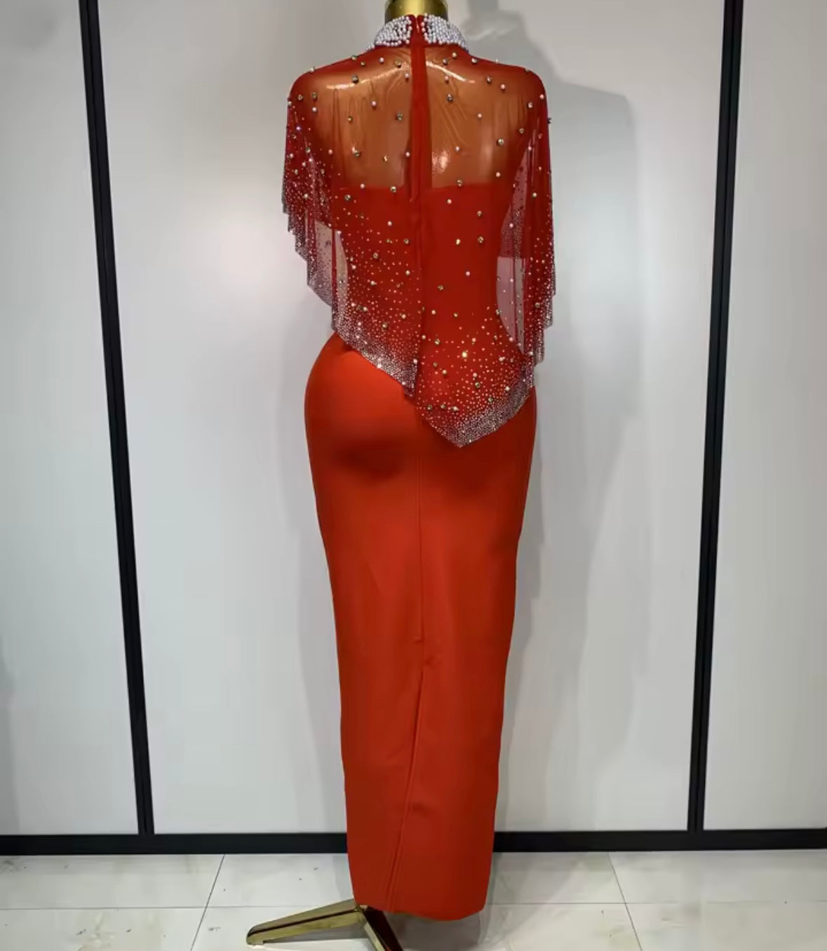 Elegant Red Beaded Rhinestone Cloak Strapless Maxi Dress